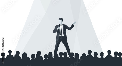 Illustration of a Speaker giving a speech at a conference with an audience present