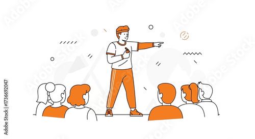 Illustration of a speaker presenting to an audience in a business or educational setting