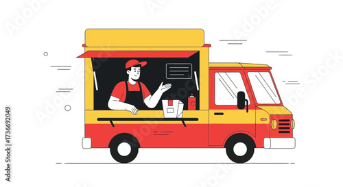 Illustration Of A Street Food Truck And Its Operator Presenting The Fresh Meal Service