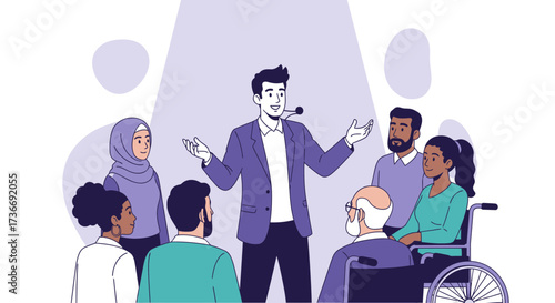Illustration of a speaker presenting to a diverse audience in a business setting