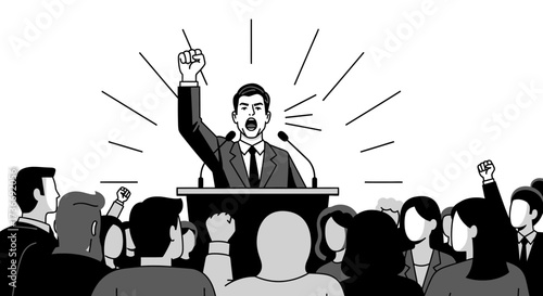 Illustration of Public Speaker Energizing Crowd with Powerful Speech and Gestures