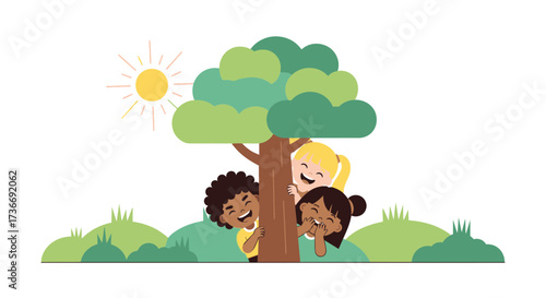 Illustration of playful kids hiding behind a tree enjoying sunny day outdoors