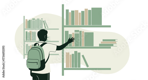 Illustration of a student with a backpack selecting a book from a library bookshelf