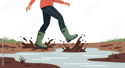 Illustration of someone wearing boots splashing in a muddy puddle of water playfully