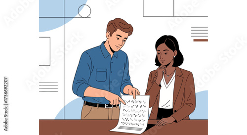 Illustration of two people studying braille documents, inclusivity concept at work