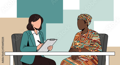 Illustration of Two Women in a Meeting or Interview in a Colorful Modern Setting