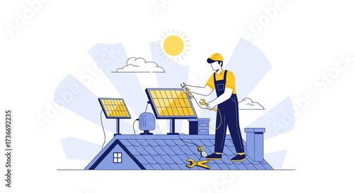 Illustration of a Technician Installing Solar Panels on a Rooftop for a Sustainable Energy Source