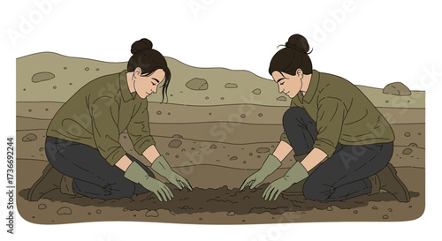 Illustration of Two Women Exploring the Past: Archeology and Research