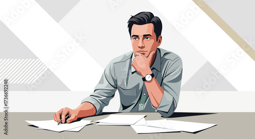 Illustration of a thoughtful businessman pondering a decision at his office desk