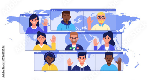 Illustration of video conference call with diverse people waving on a world map background