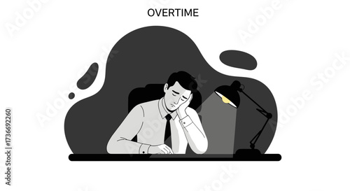 Illustration of a tired businessman working overtime at his desk with a lamp