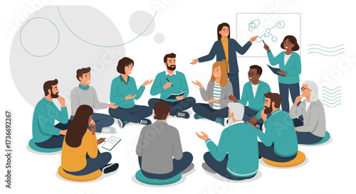 Illustration of a team meeting or business training with diverse people sitting together