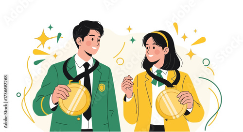 Illustration Of Two Smiling People Holding Medals Celebrating Success And Achievement