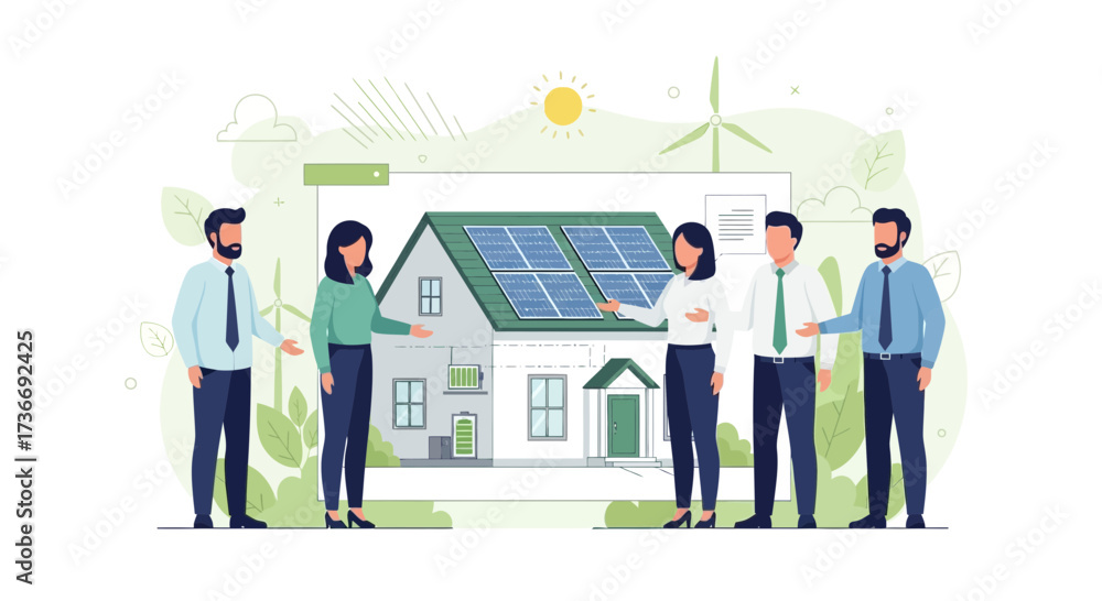 Fototapeta premium Illustration showing a group of people discussing ideas for solar panel installation on a house