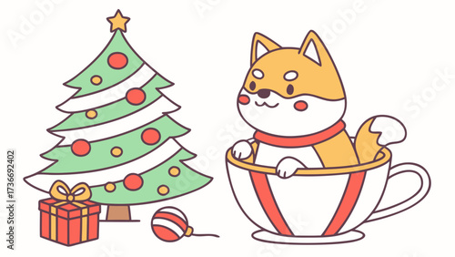 Grumpy Shiba inu with in a teacup, set in a charming Christmas theme – Festive Cheer color vector art