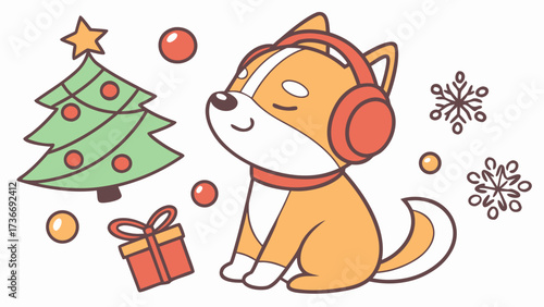 Creative SVG: Sleepy Shiba inu with wearing headphones in a Festive Cheer colored Christmas theme