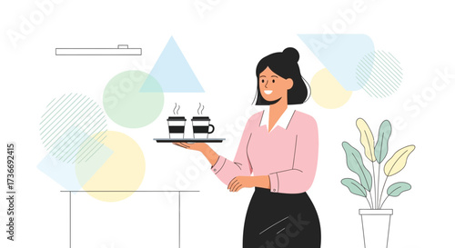 Illustration of a waitress serving coffee, vector graphic flat design coffee cafe shop