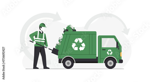 Illustration of a waste collector using a recycling truck to collect and sort garbage