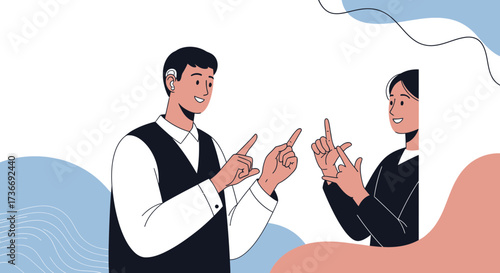 Illustration showing two people communicating using sign language with a modern design