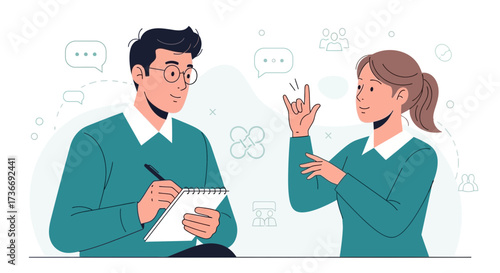 Illustration showing a man writing and a woman using sign language to communicate