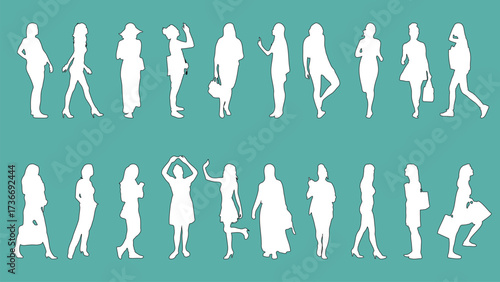 Vector silhouette set of women in standing and walking poses. Ideal for architecture drawings, clipart, graphic design, and creative projects.