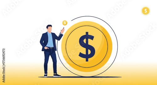 Illustrative Businessman Pointing At A Huge Dollar Symbol And Floating Gold Coins, Symbolizing