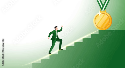 Illustrative Achievement And Success Concept Depicting Businessman Ascending To The Gold Medal