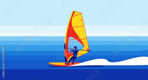 Illustration of a Windsurfer Sailing Across the Ocean on a Sunny Day