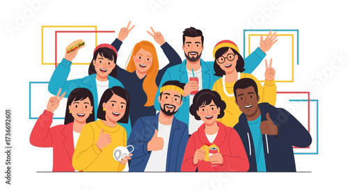 Illustrative Crowd Of Smiling Individuals Gathering and Celebrating Together In Unity