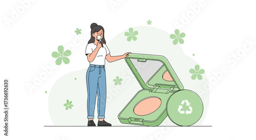 Illustration of a woman applying makeup from a green eco-friendly sustainable compact
