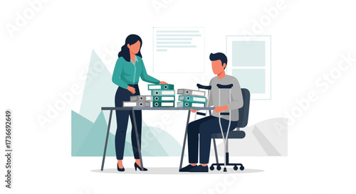 Illustration of a woman assisting a man with an injury in an office or workplace setting
