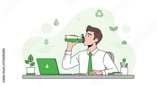 Illustrative depiction of a man drinking healthy green juice at his office desk