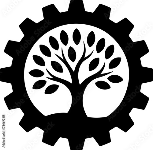 Symbol of harmony between nature and technology, with a leafy tree growing inside a powerful industrial machine gear