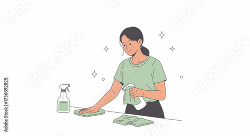 Illustration of a woman cleaning a surface with cleaning supplies