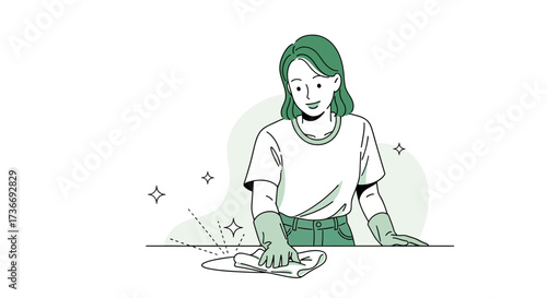 Illustration of a Woman Cleaning a Surface with a Cloth in Minimalist Style