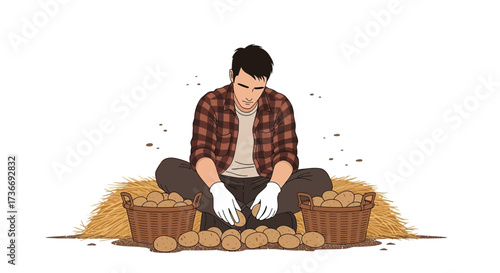 Illustrative Depiction of Farmer Harvesting Potatoes, Gathering Food, Agriculture Concept