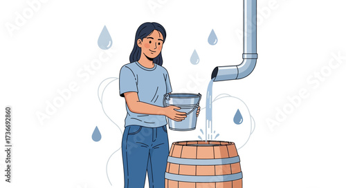Illustration of a woman collecting rain water from a downspout into a wooden barrel