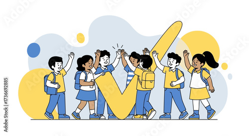 Illustrative Depiction Of Cheerful Schoolchildren Celebrating Achievement With Affirmation Marks