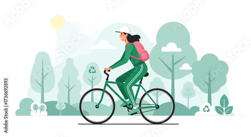 Illustration of a woman cycling in nature with a green bike and sustainable elements