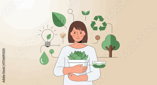 Illustration of a woman embracing environmental sustainability and green living concepts