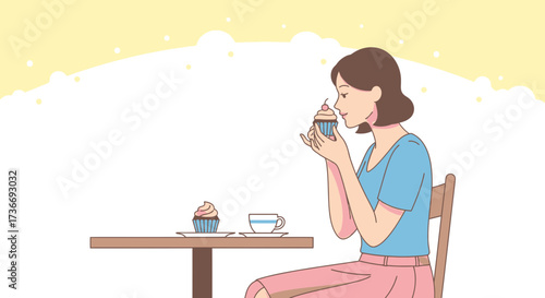 Illustration of a woman enjoying a cupcake at a table with a cup of coffee in a cafe