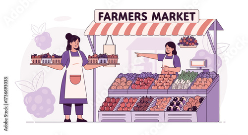 Illustrative Farmer's Market Scene Showcasing Fresh Fruits, Vegetables, and Vendors Offering Goods