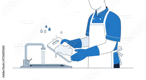Illustrative Hygiene Graphic: A Chef Thoroughly Cleaning A Cutting Board In A Kitchen Sink