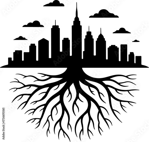 Roots of the City Urban Skyline Emerging from Tree Roots Illustration