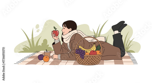 Illustration of a woman enjoying a picnic outdoors with fresh fruits and a drink