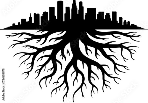 Conceptual graphic of a city skyline over extensive roots, symbolizing urban development's deep-seated foundations and sustainable growth