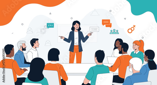 Illustrative image of a business training session with diverse team members and a presenter