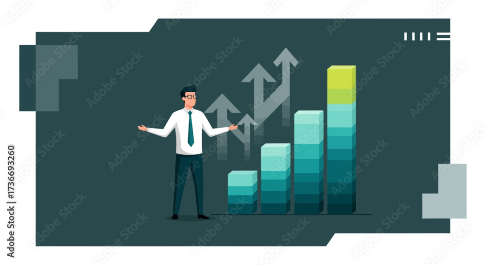 Fototapeta premium Illustrative Presentation of Financial Growth Depicted With Charts and a Business Professional