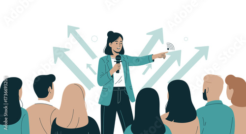 Illustration of a woman giving a presentation to an audience with arrows
