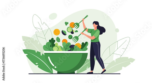 Illustrative Portrayal Of Preparing A Zesty Salad With Fresh Ingredients And Green Hues